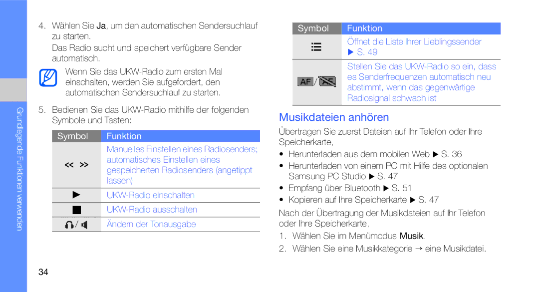 Samsung GT-C3510CWADBT manual Musikdateien anhören, Zu starten, Automatisch, Öffnet die Liste Ihrer Lieblingssender X S 