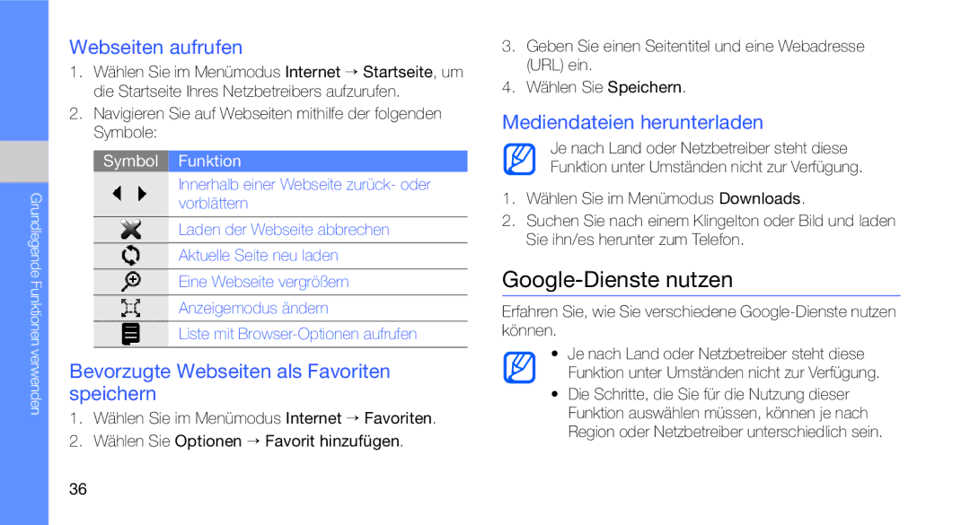 Samsung GT-C3510SIATUR manual Google-Dienste nutzen, Webseiten aufrufen, Bevorzugte Webseiten als Favoriten speichern 