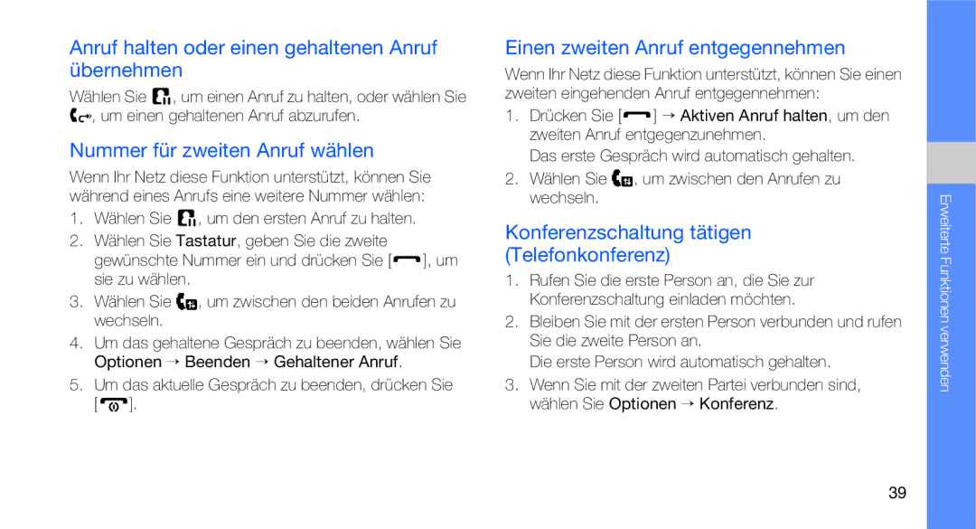 Samsung GT-C3510SBATUR manual Anruf halten oder einen gehaltenen Anruf übernehmen, Nummer für zweiten Anruf wählen 