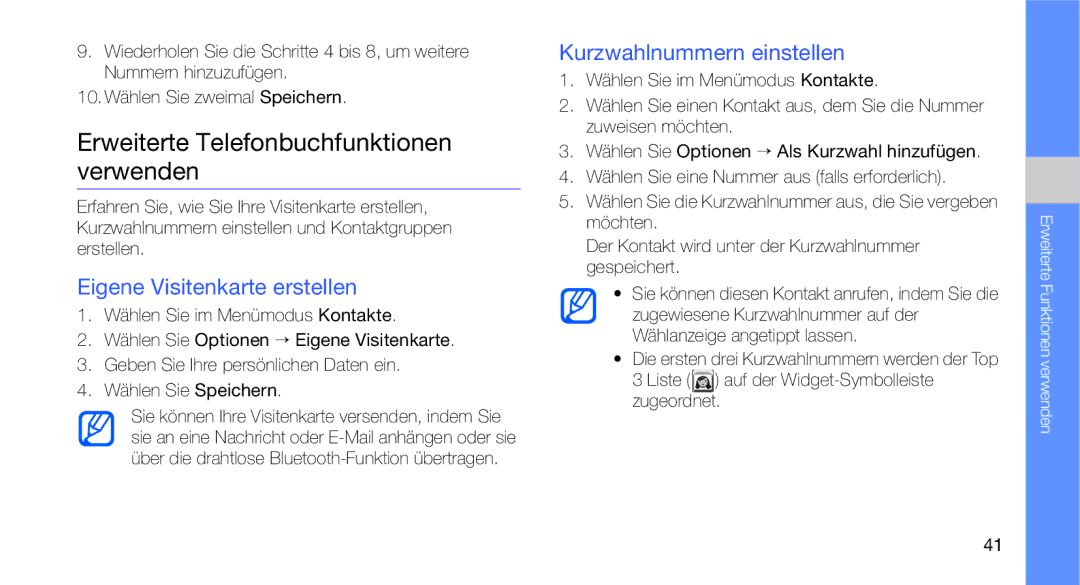 Samsung GT-C3510CWATPH, GT-C3510CWADBT manual Erweiterte Telefonbuchfunktionen verwenden, Eigene Visitenkarte erstellen 