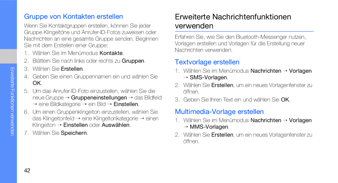 Samsung GT-C3510SIADBT Erweiterte Nachrichtenfunktionen verwenden, Gruppe von Kontakten erstellen, Textvorlage erstellen 