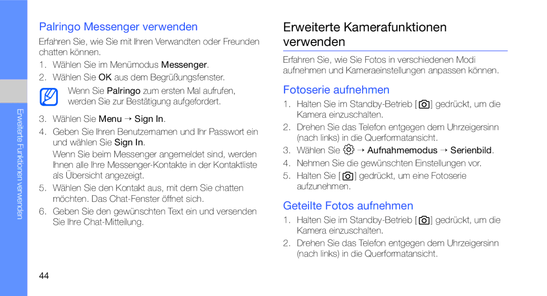 Samsung GT-C3510CWADBT manual Erweiterte Kamerafunktionen verwenden, Palringo Messenger verwenden, Fotoserie aufnehmen 