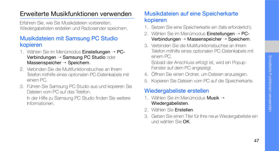 Samsung GT-C3510XKATUR, GT-C3510CWADBT Erweiterte Musikfunktionen verwenden, Musikdateien mit Samsung PC Studio kopieren 