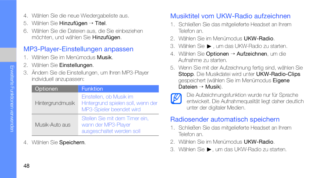 Samsung GT-C3510SBATPH, GT-C3510CWADBT manual MP3-Player-Einstellungen anpassen, Musiktitel vom UKW-Radio aufzeichnen 