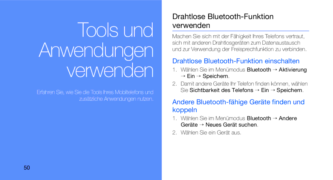 Samsung GT-C3510CWATUR, GT-C3510CWADBT Drahtlose Bluetooth-Funktion verwenden, Drahtlose Bluetooth-Funktion einschalten 