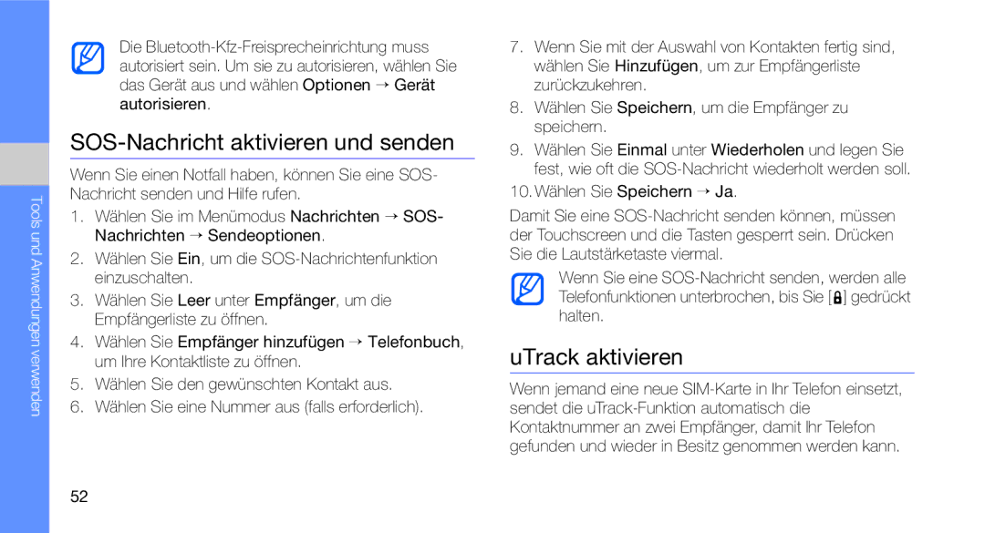 Samsung GT-C3510SIADBT, GT-C3510CWADBT, GT-C3510SBADBT SOS-Nachricht aktivieren und senden, UTrack aktivieren, Autorisieren 