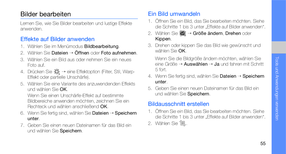 Samsung GT-C3510SBADBT manual Bilder bearbeiten, Effekte auf Bilder anwenden, Ein Bild umwandeln, Bildausschnitt erstellen 