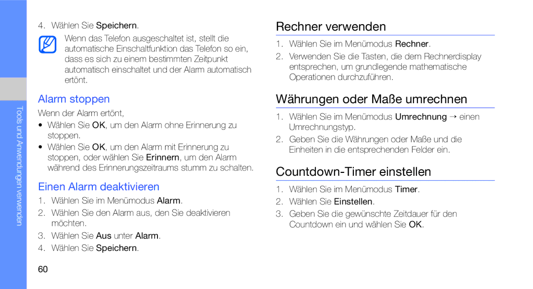 Samsung GT-C3510CWATUR manual Rechner verwenden, Währungen oder Maße umrechnen, Countdown-Timer einstellen, Alarm stoppen 