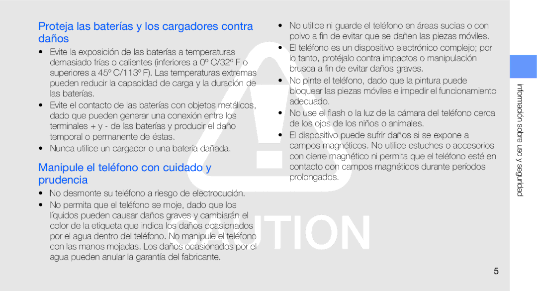 Samsung GT-C3510XKAFOP Proteja las baterías y los cargadores contra daños, Manipule el teléfono con cuidado y prudencia 