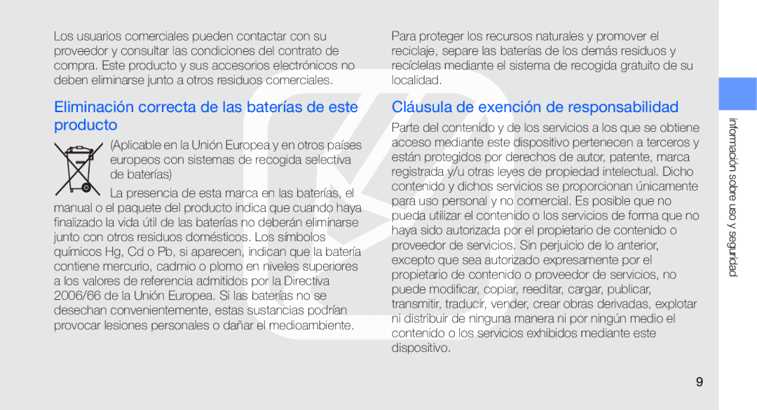 Samsung GT-C3510SIAFOP Eliminación correcta de las baterías de este producto, Cláusula de exención de responsabilidad 