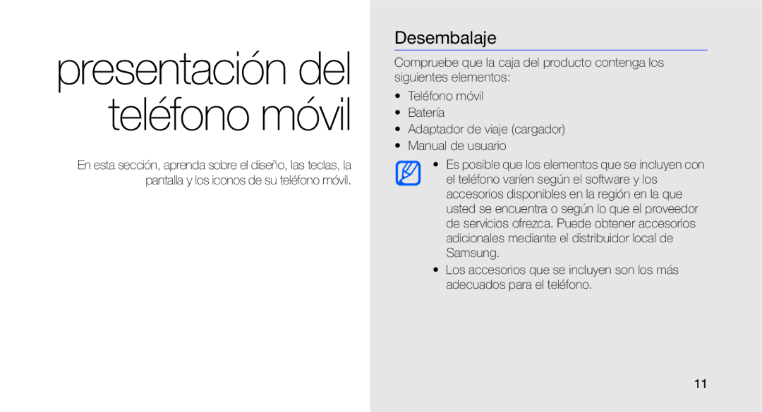 Samsung GT-C3510CWAFOP, GT-C3510CWATPH, GT-C3510SBAXEC, GT-C3510XKAFOP manual Presentación del teléfono móvil, Desembalaje 