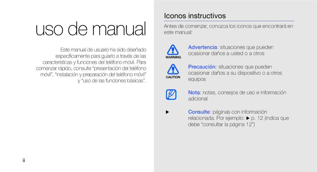 Samsung GT-C3510XKAFOP, GT-C3510CWATPH, GT-C3510SBAXEC, GT-C3510CWAXEC, GT-C3510XKAXEC Uso de manual, Iconos instructivos 