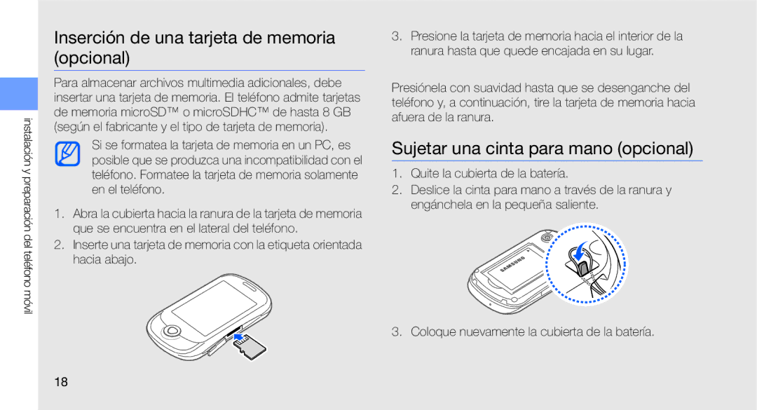 Samsung GT-C3510SIAFOP, GT-C3510CWATPH Inserción de una tarjeta de memoria opcional, Sujetar una cinta para mano opcional 