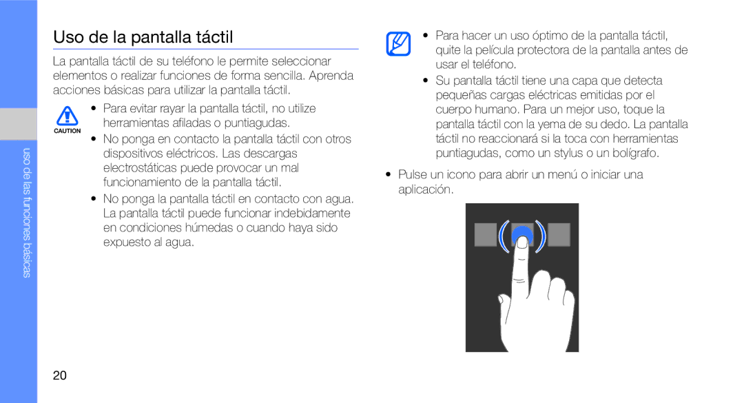 Samsung GT-C3510CWAFOP manual Uso de la pantalla táctil, Pulse un icono para abrir un menú o iniciar una aplicación 