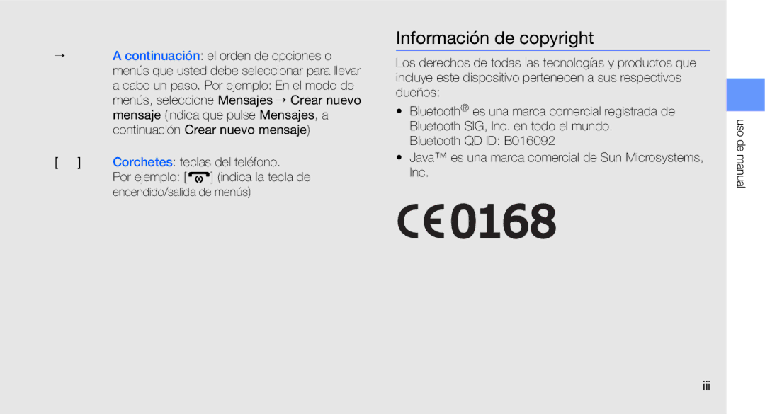 Samsung GT-C3510CWAXEC, GT-C3510CWATPH, GT-C3510SBAXEC manual Información de copyright, Corchetes teclas del teléfono, Iii 