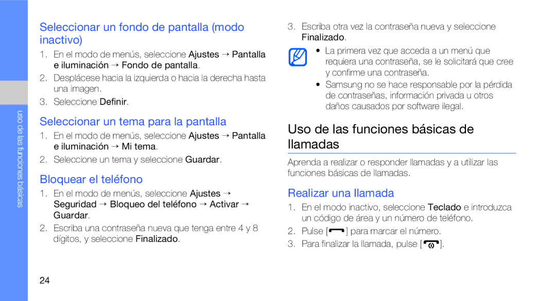 Samsung GT-C3510CWAXEC manual Uso de las funciones básicas de llamadas, Seleccionar un fondo de pantalla modo inactivo 