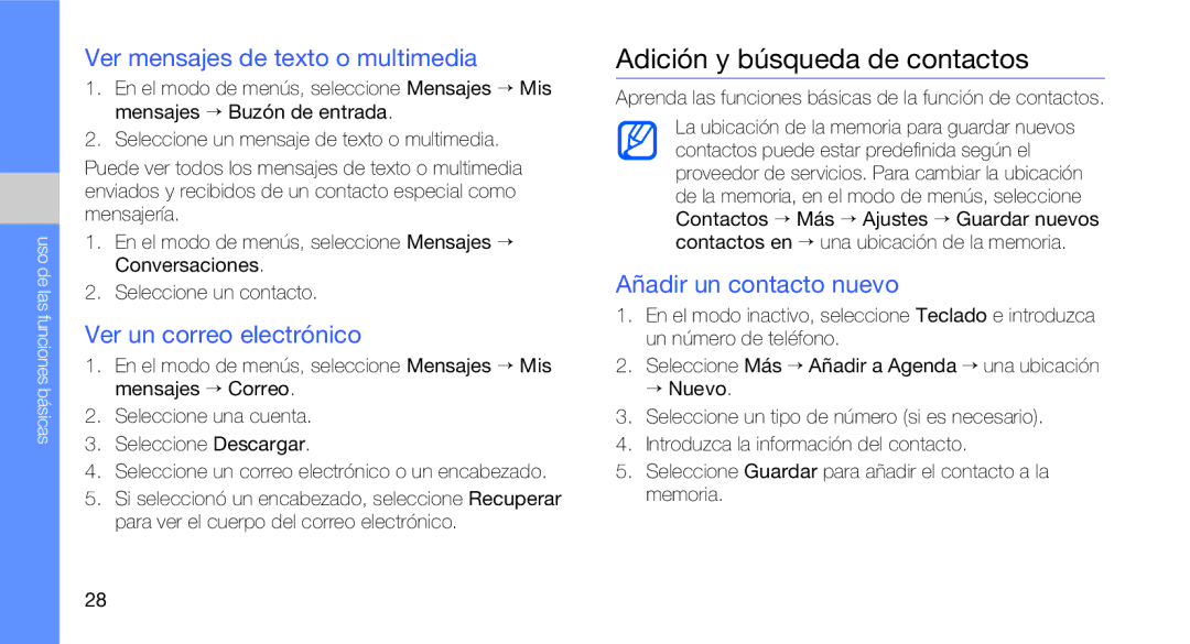 Samsung GT-C3510SBAFOP Adición y búsqueda de contactos, Ver mensajes de texto o multimedia, Ver un correo electrónico 