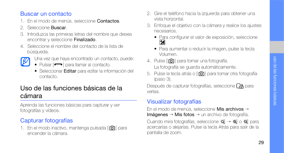 Samsung GT-C3510CWAFOP, GT-C3510CWATPH Uso de las funciones básicas de la cámara, Buscar un contacto, Capturar fotografías 