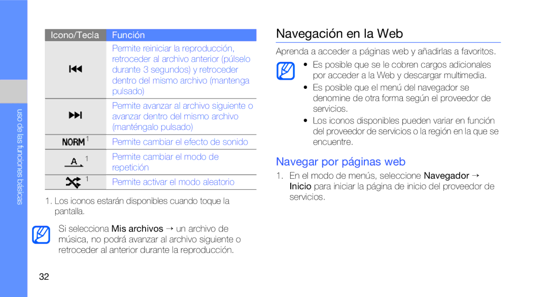 Samsung GT-C3510XKAFOP manual Navegación en la Web, Navegar por páginas web, Permite cambiar el modo de repetición 