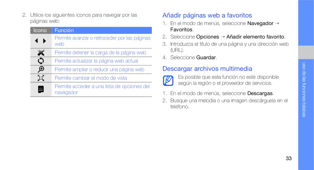 Samsung GT-C3510CWAXEC, GT-C3510CWATPH, GT-C3510SBAXEC manual Añadir páginas web a favoritos, Descargar archivos multimedia 