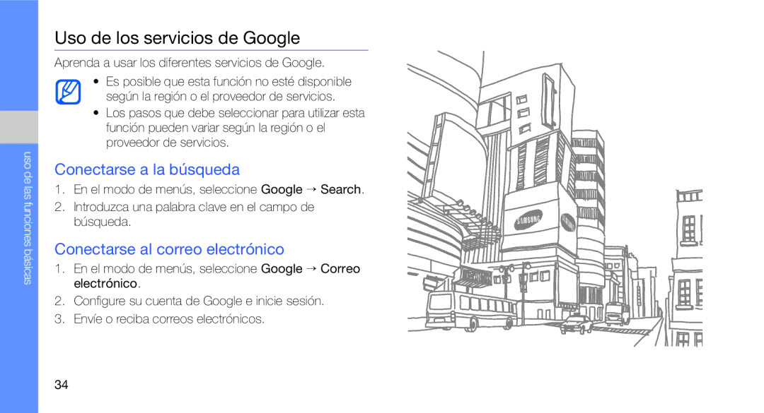 Samsung GT-C3510XKAXEC manual Uso de los servicios de Google, Conectarse a la búsqueda, Conectarse al correo electrónico 