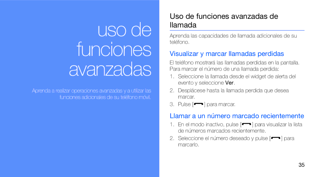 Samsung GT-C3510SIAXEC, GT-C3510CWATPH manual Uso de funciones avanzadas de llamada, Visualizar y marcar llamadas perdidas 
