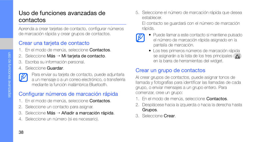 Samsung GT-C3510CWAFOP Uso de funciones avanzadas de contactos, Crear una tarjeta de contacto, Crear un grupo de contactos 