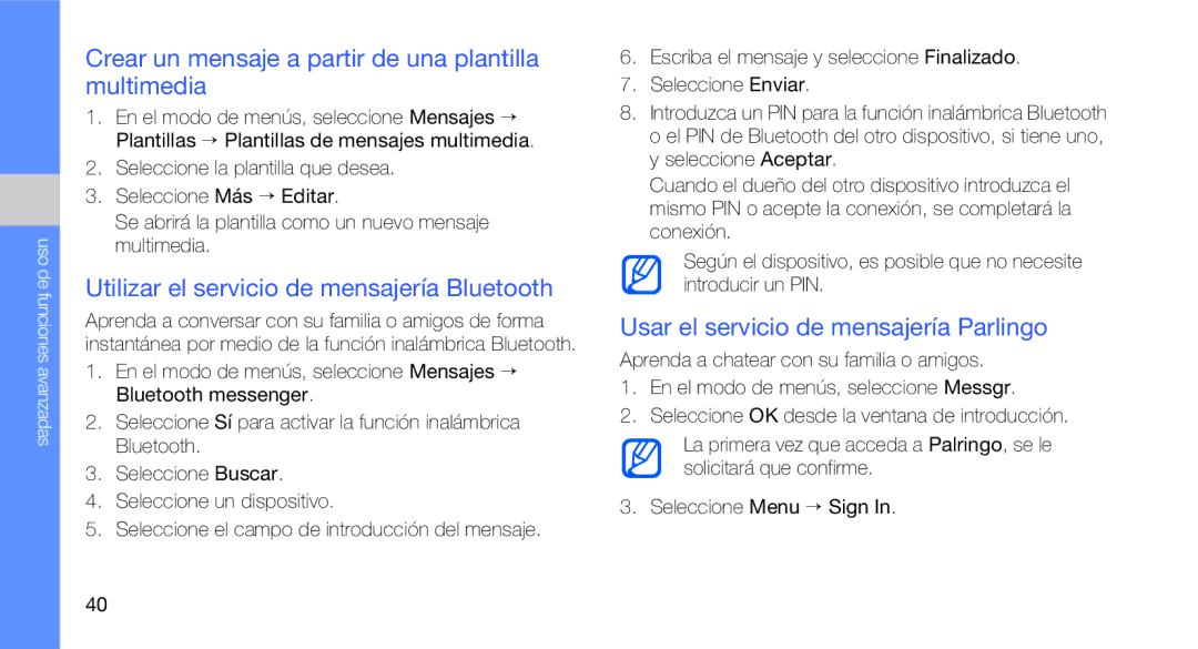 Samsung GT-C3510SBAXEC Crear un mensaje a partir de una plantilla multimedia, Utilizar el servicio de mensajería Bluetooth 