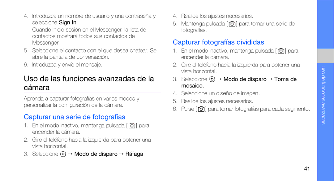 Samsung GT-C3510XKAFOP, GT-C3510CWATPH manual Uso de las funciones avanzadas de la cámara, Capturar una serie de fotografías 