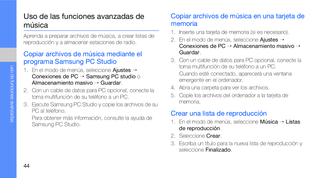 Samsung GT-C3510SIAXEC manual Uso de las funciones avanzadas de música, Copiar archivos de música en una tarjeta de memoria 