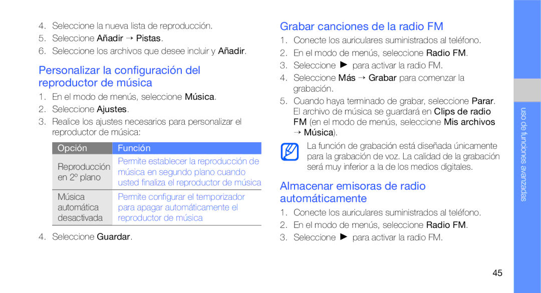 Samsung GT-C3510SIAFOP manual Personalizar la configuración del reproductor de música, Grabar canciones de la radio FM 