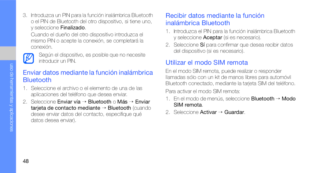 Samsung GT-C3510CWATPH, GT-C3510SBAXEC Enviar datos mediante la función inalámbrica Bluetooth, Utilizar el modo SIM remota 