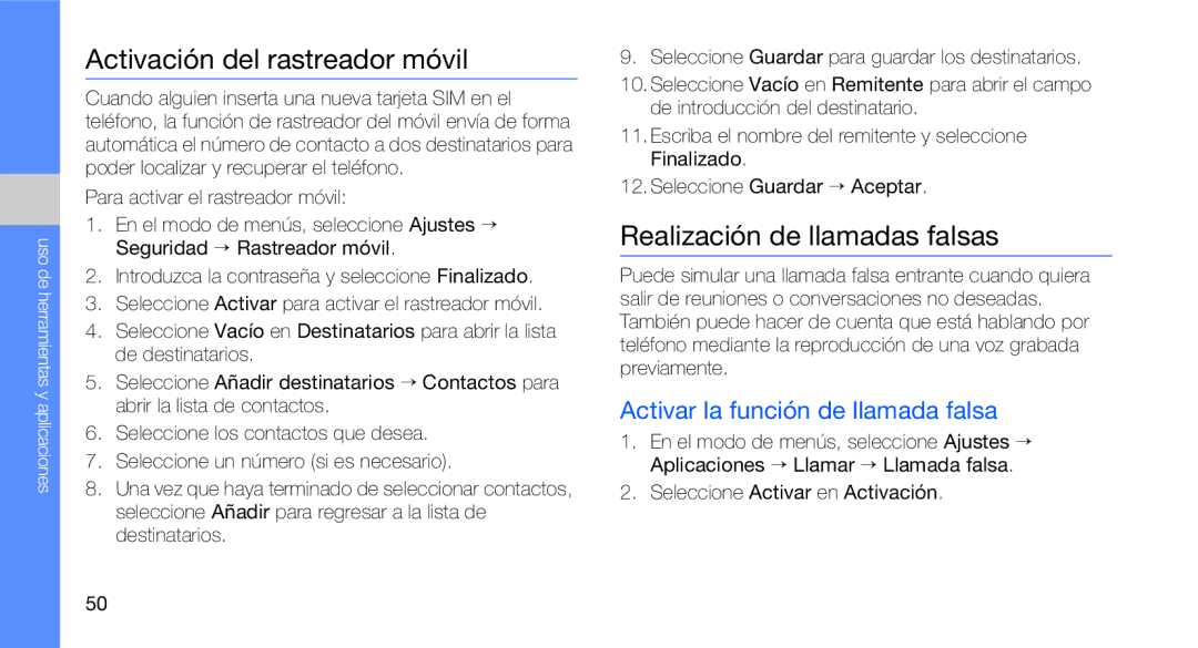 Samsung GT-C3510XKAFOP Activación del rastreador móvil, Realización de llamadas falsas, Para activar el rastreador móvil 