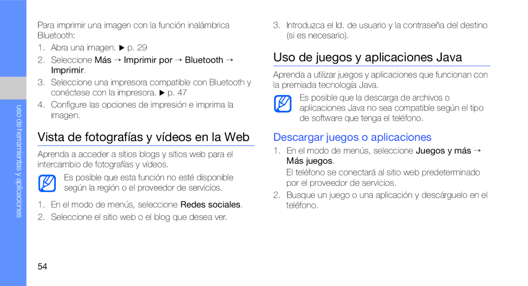 Samsung GT-C3510SIAFOP, GT-C3510CWATPH manual Vista de fotografías y vídeos en la Web, Uso de juegos y aplicaciones Java 