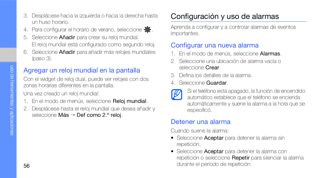 Samsung GT-C3510CWAFOP manual Configuración y uso de alarmas, Agregar un reloj mundial en la pantalla, Detener una alarma 