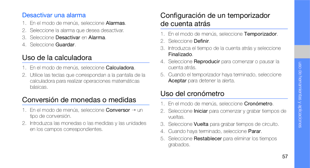 Samsung GT-C3510CWATPH Uso de la calculadora, Conversión de monedas o medidas, Uso del cronómetro, Desactivar una alarma 