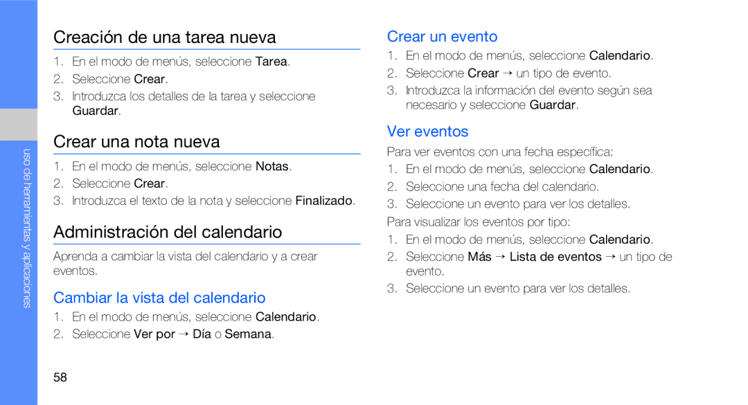 Samsung GT-C3510SBAXEC, GT-C3510CWATPH Creación de una tarea nueva, Crear una nota nueva, Administración del calendario 