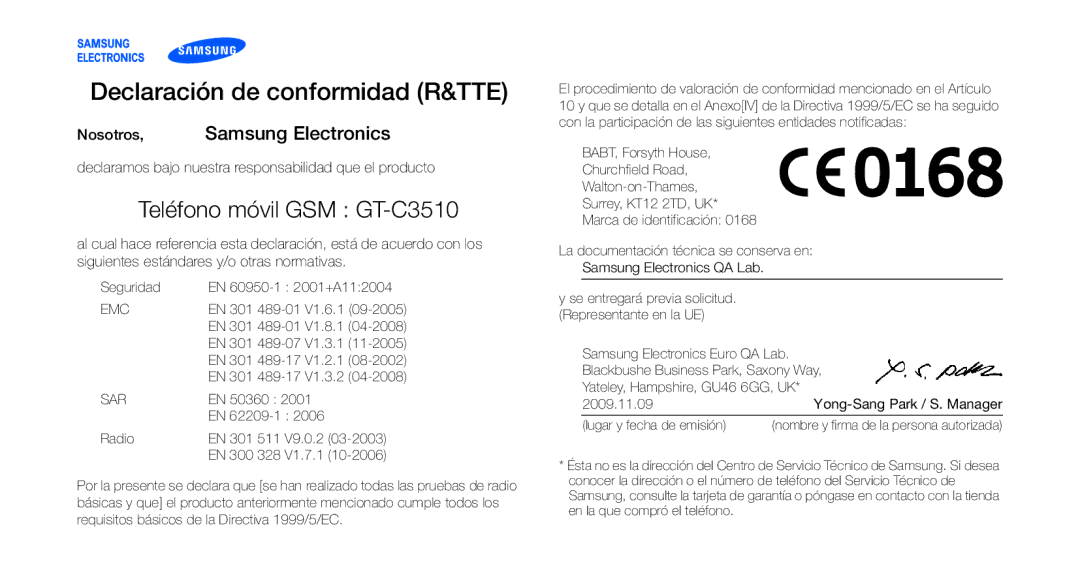 Samsung GT-C3510SBAXEC, GT-C3510CWATPH, GT-C3510XKAFOP manual Declaración de conformidad R&TTE, Nosotros, Samsung Electronics 