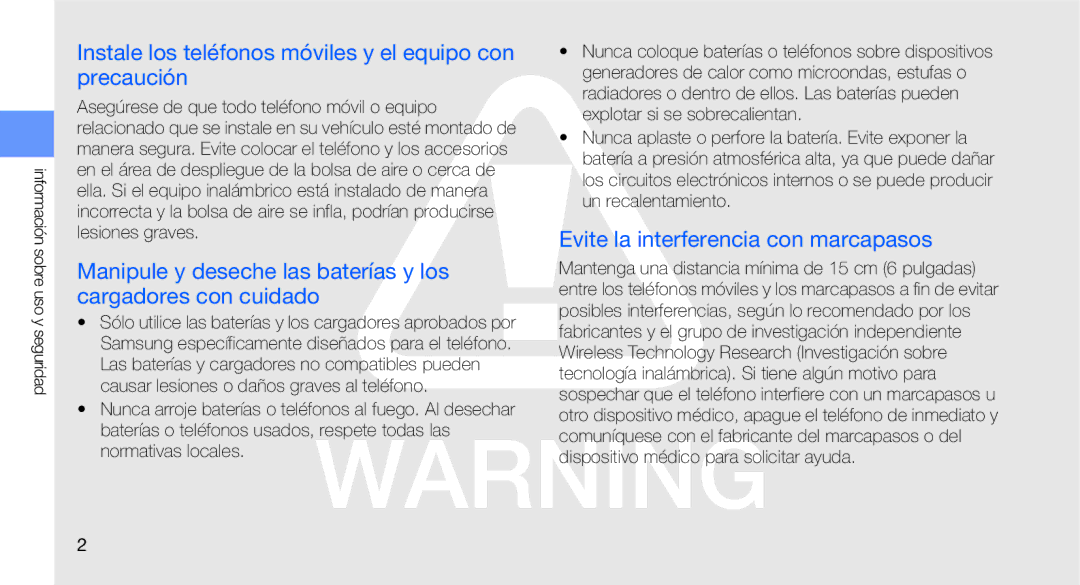 Samsung GT-C3510CWAFOP Instale los teléfonos móviles y el equipo con precaución, Evite la interferencia con marcapasos 