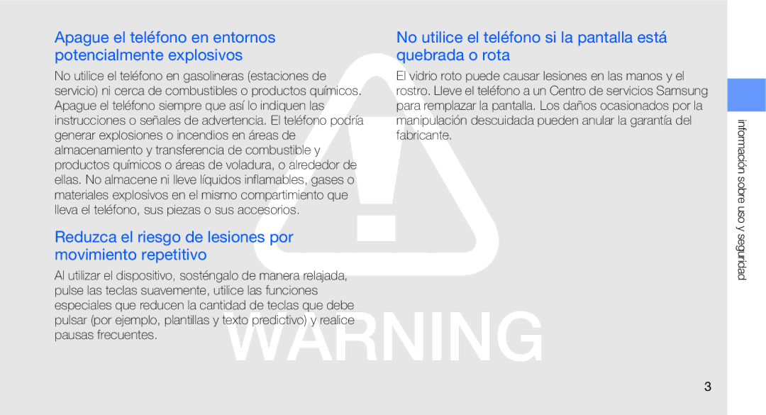 Samsung GT-C3510CWATPH, GT-C3510SBAXEC, GT-C3510XKAFOP manual Apague el teléfono en entornos potencialmente explosivos 