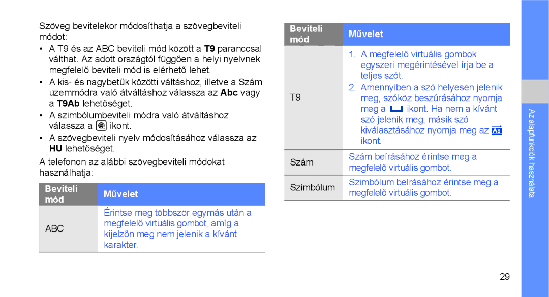 Samsung GT-C3510XKAAUT, GT-C3510SBATPH, GT-C3510CWATPH, GT-C3510XKACIT, GT-C3510CWACIT, GT-C3510CWAMOT Beviteli Művelet mód 