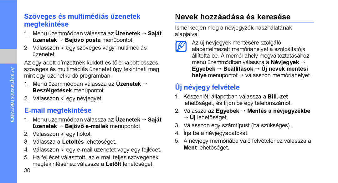 Samsung GT-C3510CWATCL Nevek hozzáadása és keresése, Szöveges és multimédiás üzenetek megtekintése, Mail megtekintése 