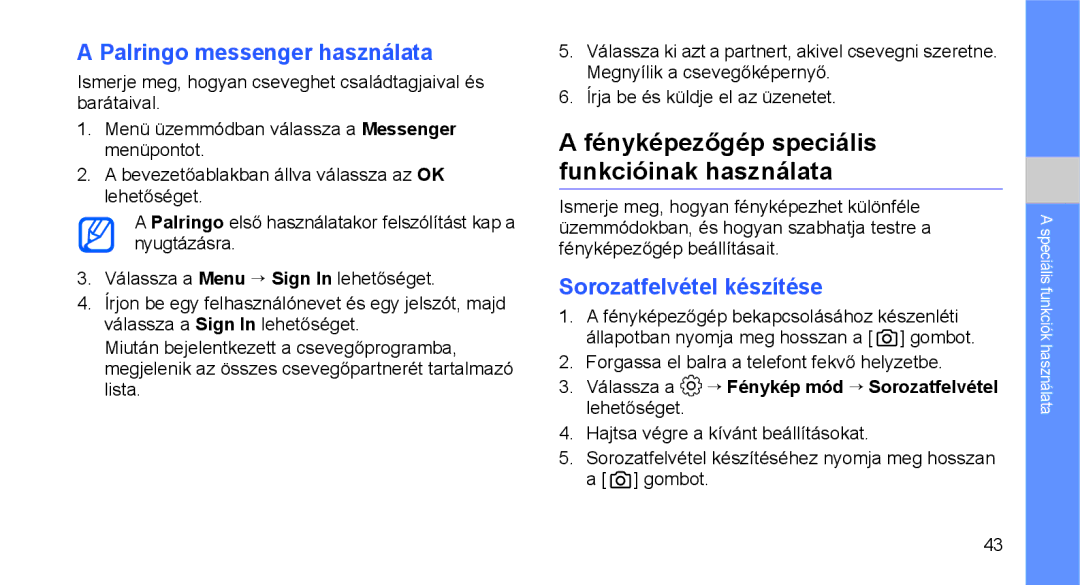 Samsung GT-C3510SIAXEH, GT-C3510SBATPH manual Fényképezőgép speciális funkcióinak használata, Palringo messenger használata 