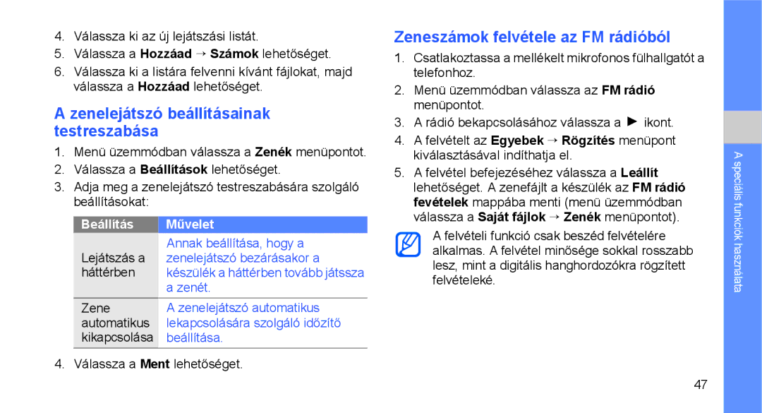 Samsung GT-C3510SIATPH, GT-C3510SBATPH manual Zeneszámok felvétele az FM rádióból, Zenelejátszó beállításainak testreszabása 