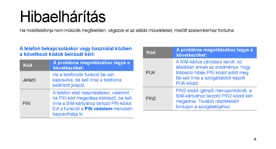 Samsung GT-C3510SBAXEH, GT-C3510SBATPH, GT-C3510CWATPH, GT-C3510XKACIT, GT-C3510CWACIT, GT-C3510CWAMOT manual Hibaelhárítás 
