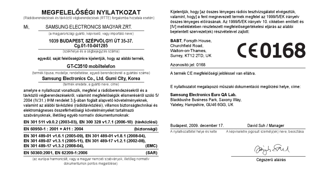 Samsung GT-C3510CWATPH, GT-C3510SBATPH, GT-C3510XKACIT, GT-C3510CWACIT, GT-C3510CWAMOT manual Megfelelőségi Nyilatkozat 