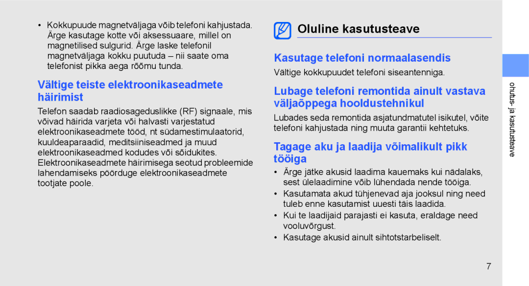 Samsung GT-C3510XKASEB, GT-C3510SIASEB manual Oluline kasutusteave, Vältige teiste elektroonikaseadmete häirimist 