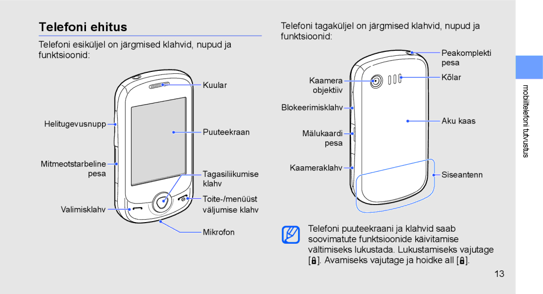 Samsung GT-C3510XKASEB, GT-C3510SIASEB manual Telefoni ehitus 