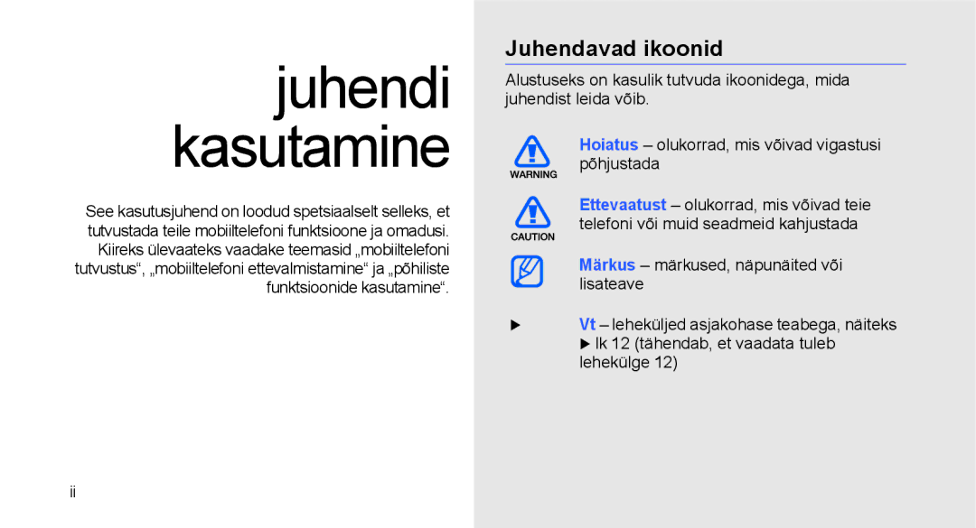 Samsung GT-C3510SIASEB, GT-C3510XKASEB manual Juhendi kasutamine, Juhendavad ikoonid 