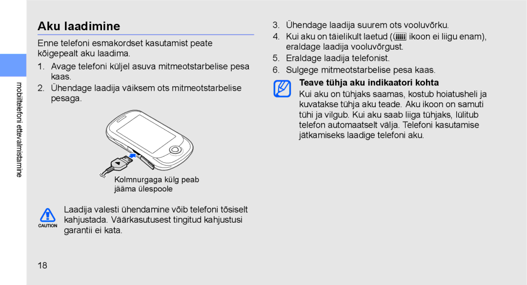 Samsung GT-C3510SIASEB, GT-C3510XKASEB manual Aku laadimine, Teave tühja aku indikaatori kohta 